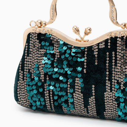 Sac Clutch Soirée Noir Bleu Marine avec Paillettes Dorées et Poignée Décorée