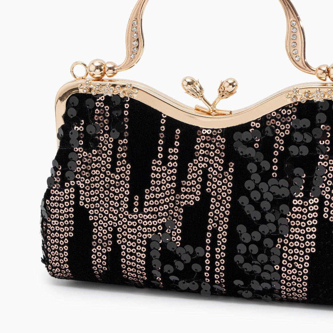 Sac Clutch Soirée Noir Bleu Marine avec Paillettes Dorées et Poignée Décorée