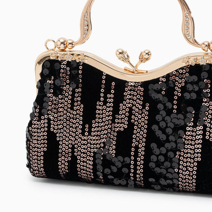Sac Clutch Soirée Noir Bleu Marine avec Paillettes Dorées et Poignée Décorée
