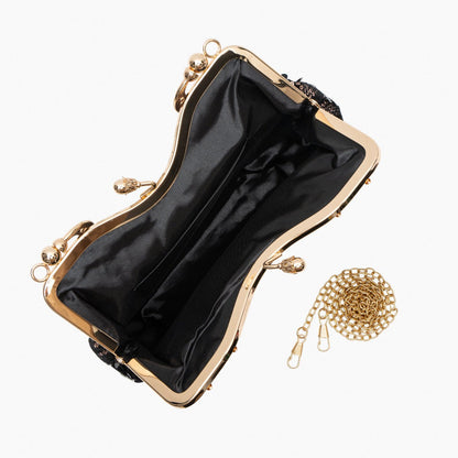 Sac Clutch Soirée Noir Bleu Marine avec Paillettes Dorées et Poignée Décorée