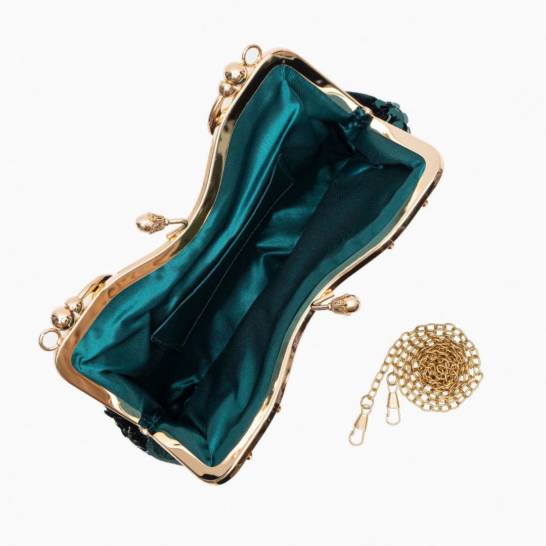 Sac Clutch Soirée Noir Bleu Marine avec Paillettes Dorées et Poignée Décorée
