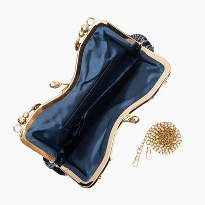 Sac Clutch Soirée Noir Bleu Marine avec Paillettes Dorées et Poignée Décorée