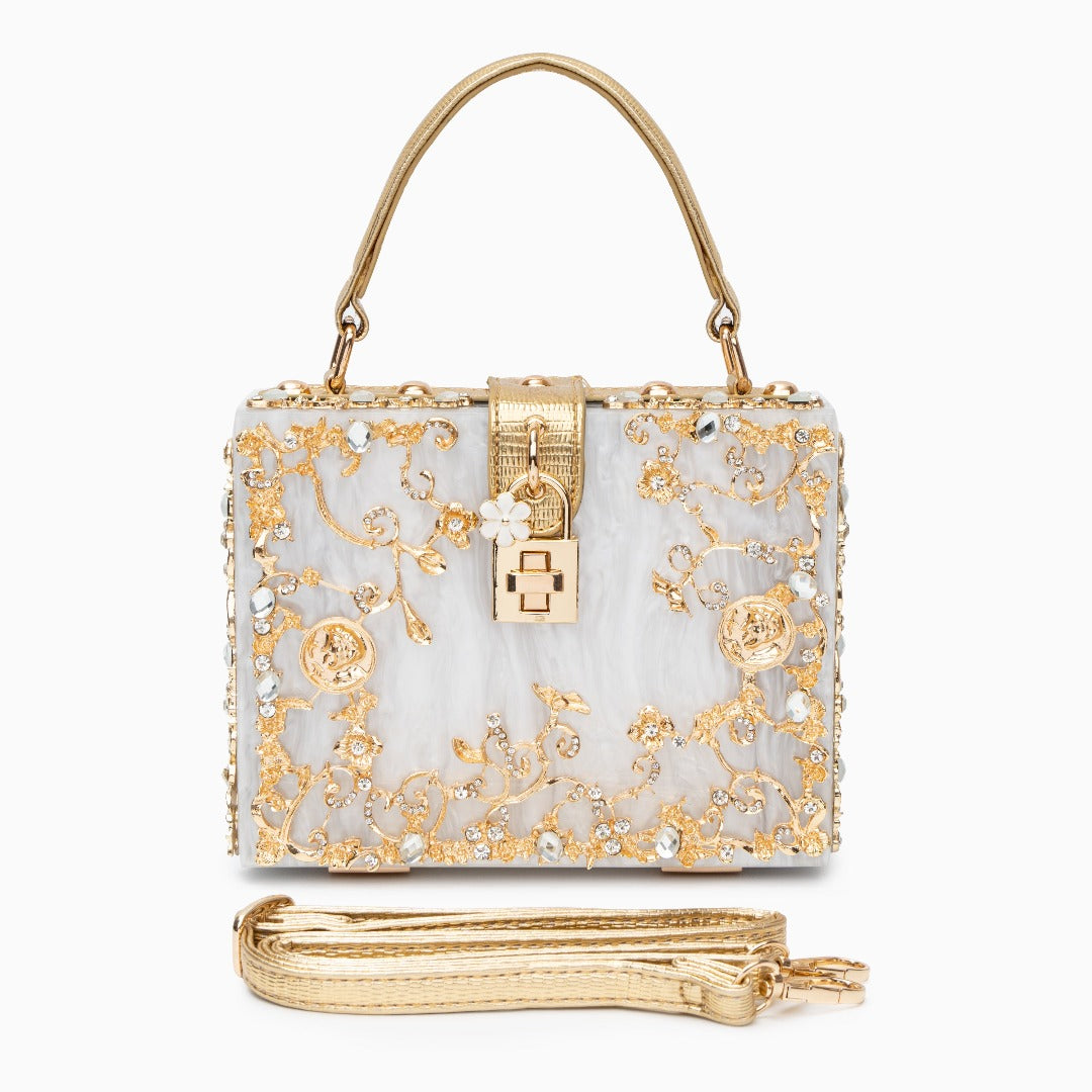 Sac de Soirée En Acrylique Bleu Ciel avec Décor Or Baroque