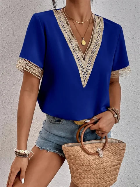 Blouse Femme Chic à Manches Courtes avec Dentelle Élégante