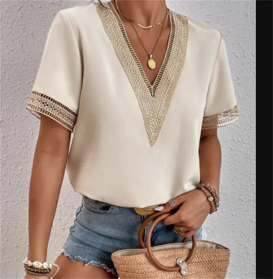 Blouse Femme Chic à Manches Courtes avec Dentelle Élégante - PanierRoyale