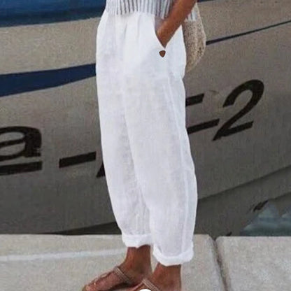 Pantalon Blanc Lin Décontracté Femme - PanierRoyale