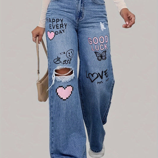 Jeans large Streetwear imprimé graffiti et cœur tendance - BerlinGlamour