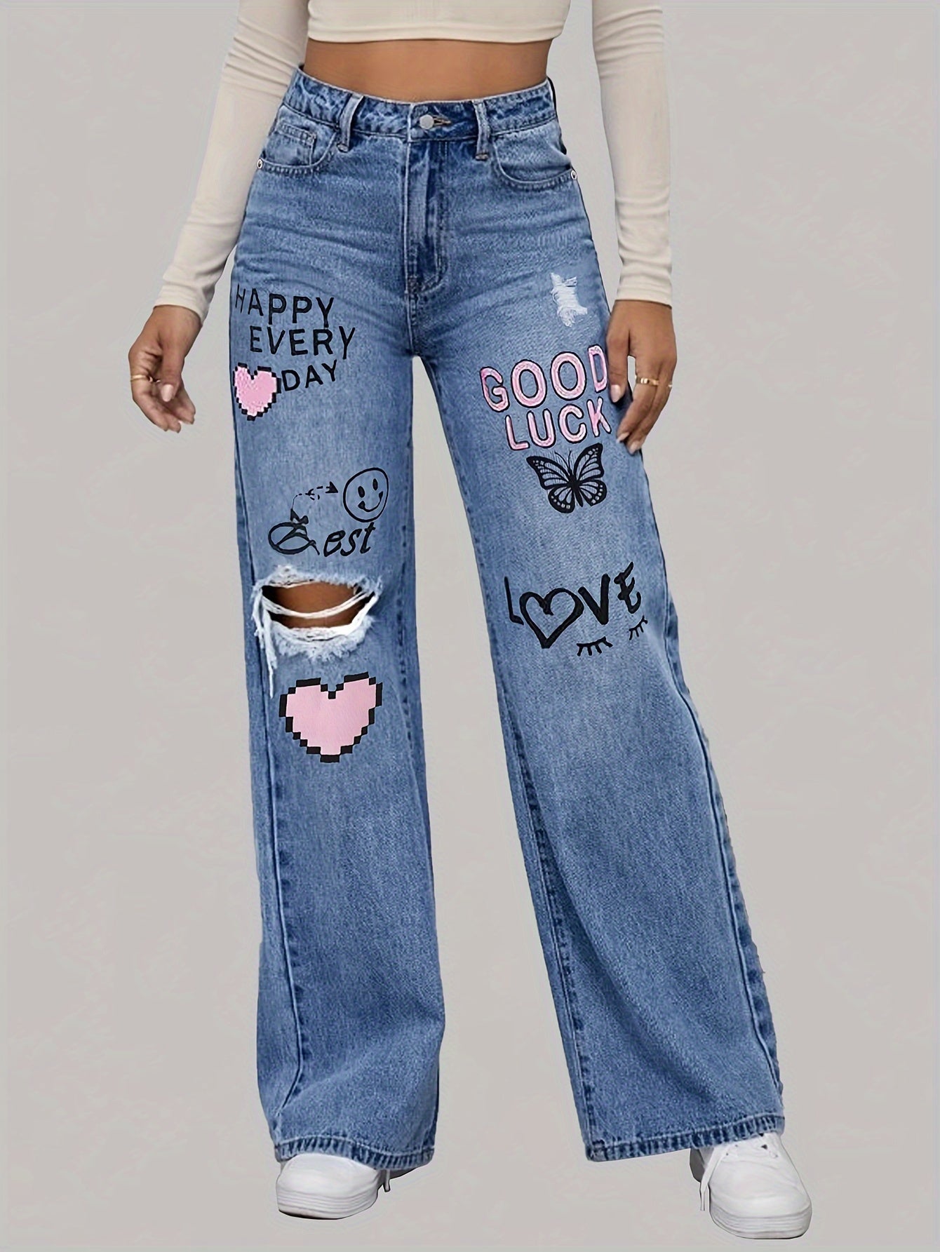 Jeans large Streetwear imprimé graffiti et cœur tendance