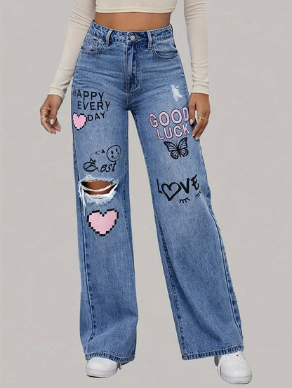 Jeans large Streetwear imprimé graffiti et cœur tendance