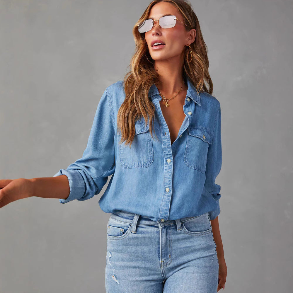 Chemise Jeans Femme Décontractée avec Poches