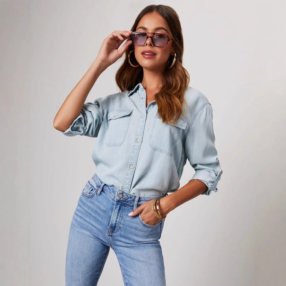 Chemise Jeans Femme Décontractée avec Poches