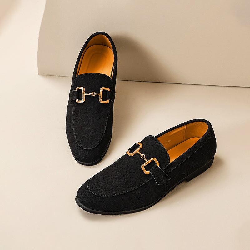 Chaussures Loafer Cuir Noir à Boucle Dorée Élégante