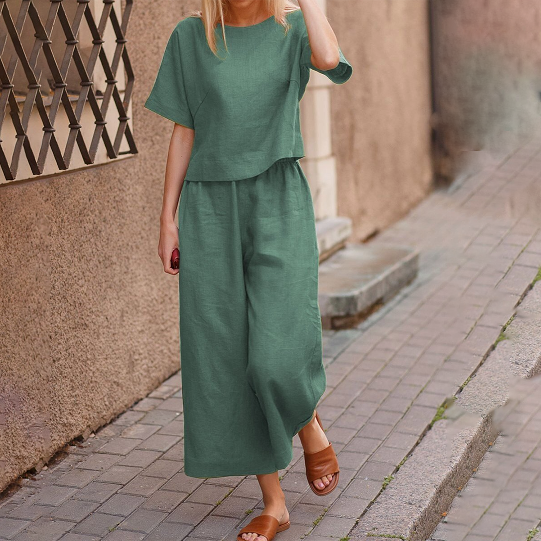 Ensemble Été 2 Pièces pour Femme : Haut Manches Courtes et Pantalon Linéaire Léger