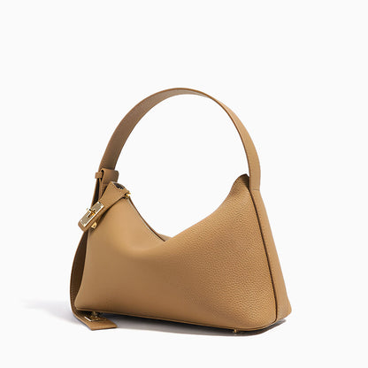 Sac à Épaule Femme en Cuir Structuré Beige avec Fermeture Dorée