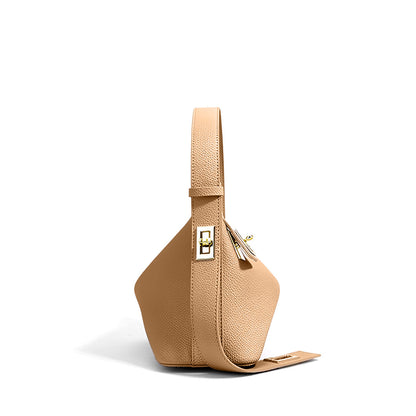 Sac à Épaule Femme en Cuir Structuré Beige avec Fermeture Dorée