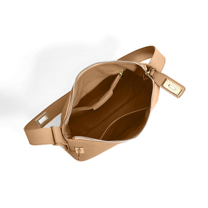 Sac à Épaule Femme en Cuir Structuré Beige avec Fermeture Dorée
