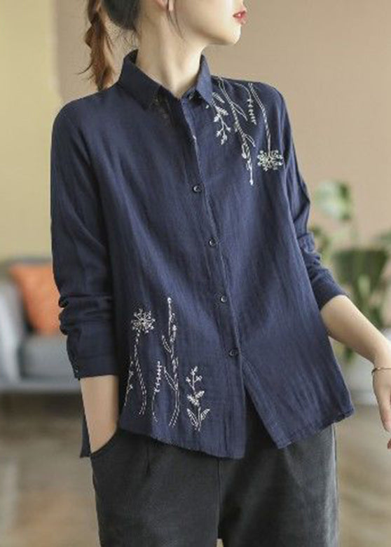 Bleu Décontracté Chemise Coton Brodée - EasyApparels