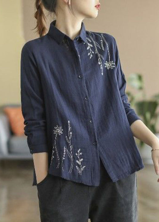 Bleu Décontracté Chemise Coton Brodée - EasyApparels