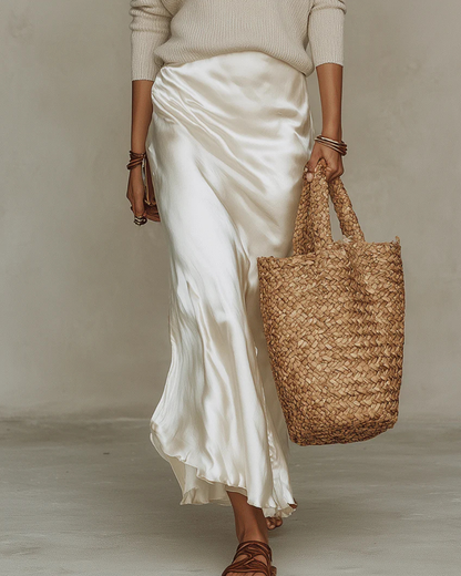 Robe Midi Femme Satinée Coupe Droite Manches Longues
