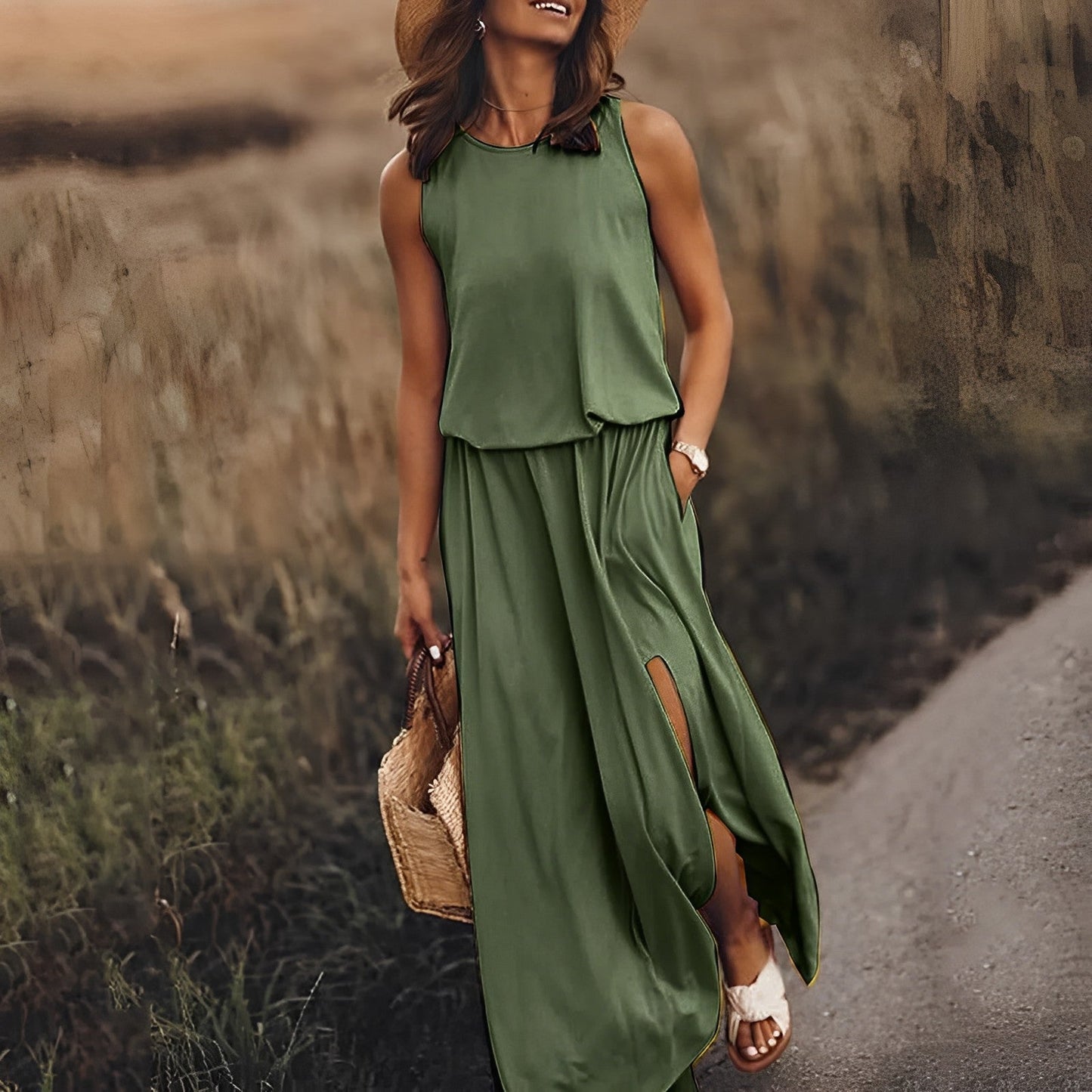 Robe Été Femme Longue sans Manches Décolleté Profond