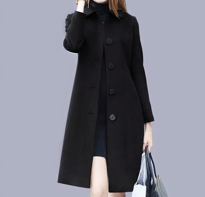 Manteau Femme Élégant Long à Col Tailleur et Coupe Droite