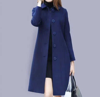 Manteau Femme Élégant Long à Col Tailleur et Coupe Droite