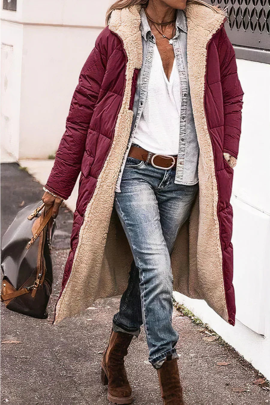 Manteau Femme Long Capuche Fourrure Synthétique avec Fermeture Éclair