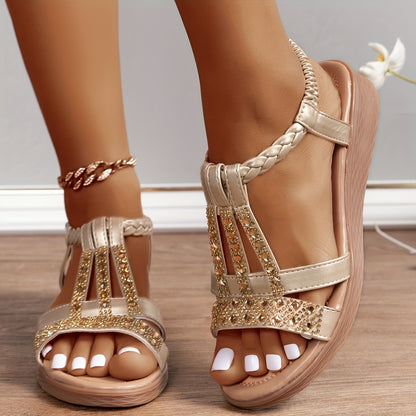Elavina™ – Sandales Compensées Femme Chic et Confortable à Strass Été