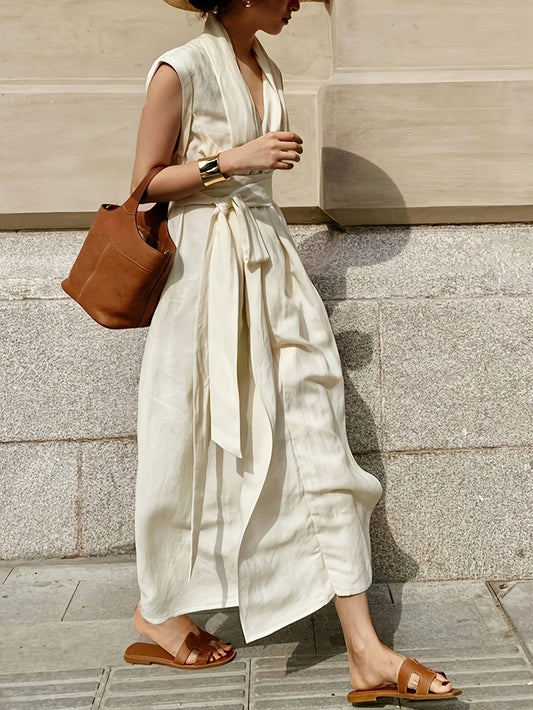 Elegancia™ – Robe Longue Chic & Fluide avec Ceinture Élégante