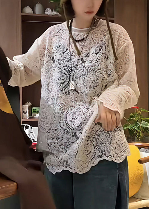 T-shirt délicat en dentelle brodée beige pour femme - EasyApparels