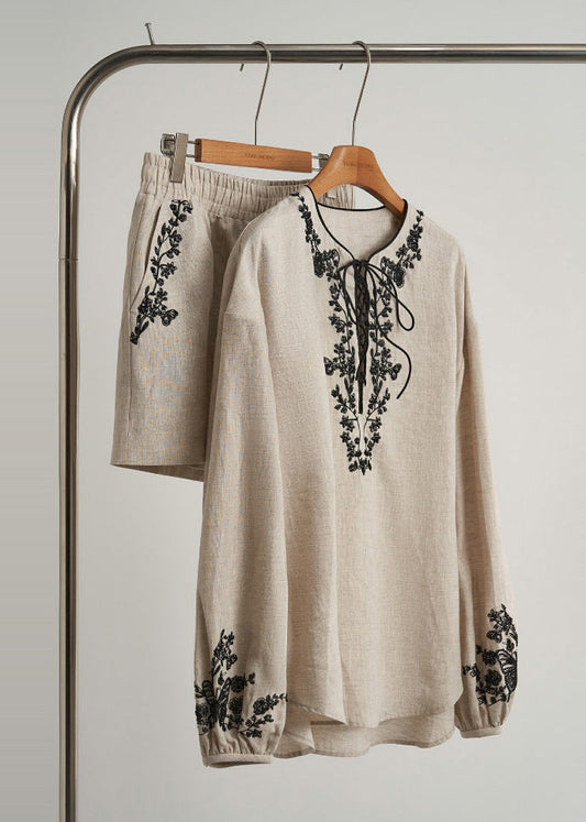 Chic Beige Embroidered Women's 2 Piece Autumn Set - EasyApparels