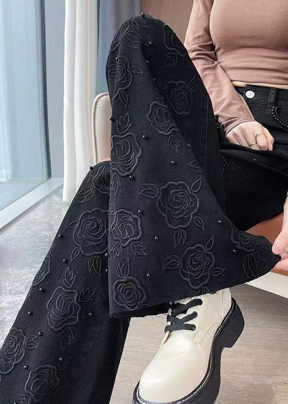 Jean noir large confortable avec broderies et perles automne - EasyApparels