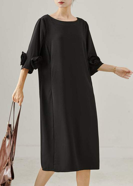 Élégante robe en soie noire à manches courtes fleurie - EasyApparels