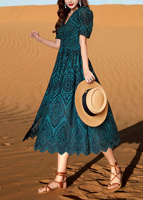Robe d'été chic en coton vert noir décolleté en V - EasyApparels