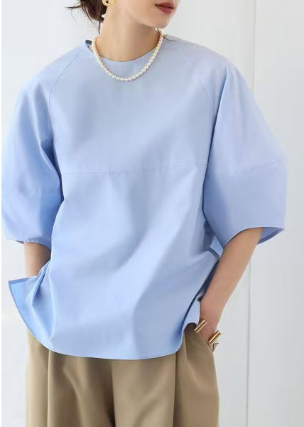 Chemises décontractées en coton bleu avec col rond - EasyApparels