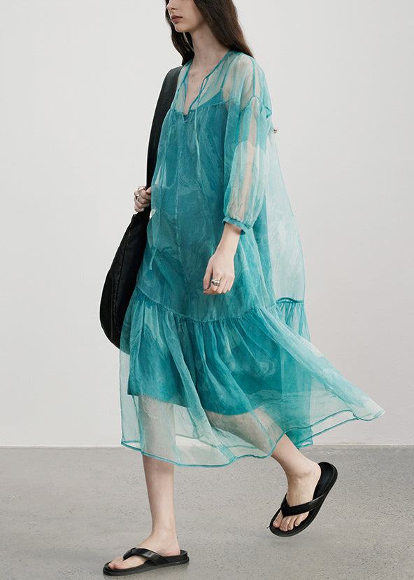 Robe d'été chic en soie imprimée décontractée bleu ciel - EasyApparels