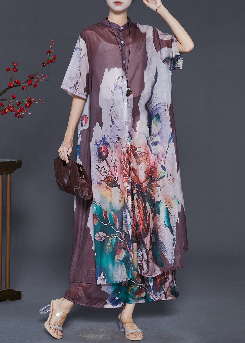 Robe deux pièces femme élégante en soie imprimée brun été - EasyApparels