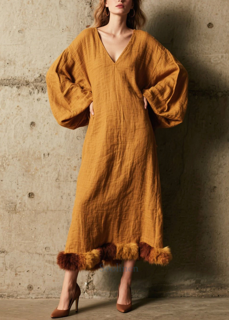 Robe chic en fausse fourrure à manches bouffantes - EasyApparels