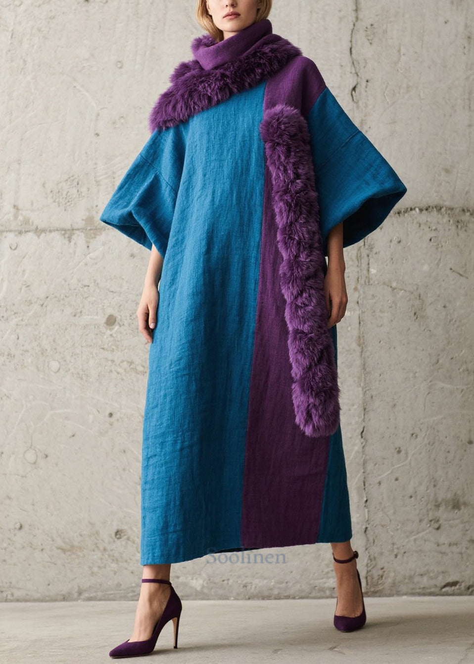 Chic Navy Blue Faux Fur Asymmetric Robe - EasyApparels