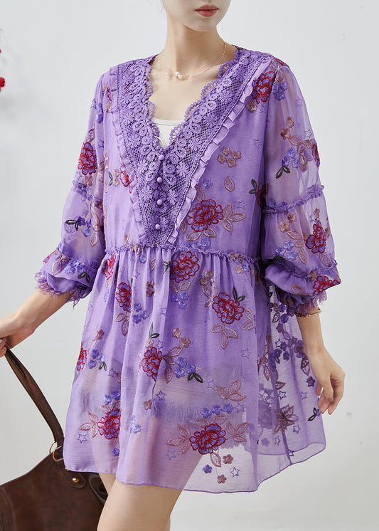 Robe décontractée en soie pour automne avec fleurs violette - EasyApparels