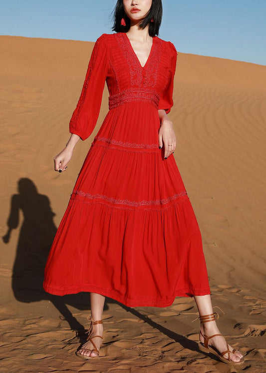 Robe rouge coton douce à col V et manches courtes - EasyApparels