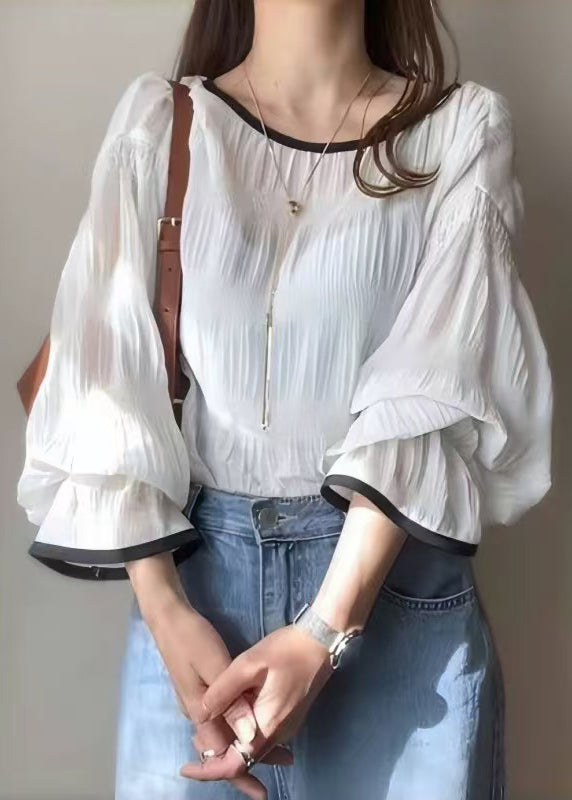 Chemise blanche femme en mousseline décontractée à manches bouffantes - EasyApparels