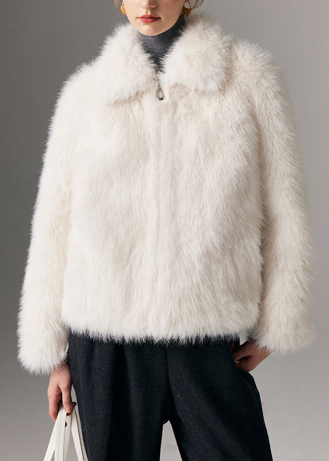 Chics blousons d'hiver blancs en cuir et fourrure à fermeture éclair - EasyApparels