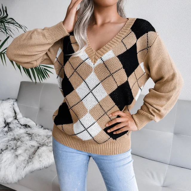 Pull Femme Écossais à Manches Longues Noir et Blanc