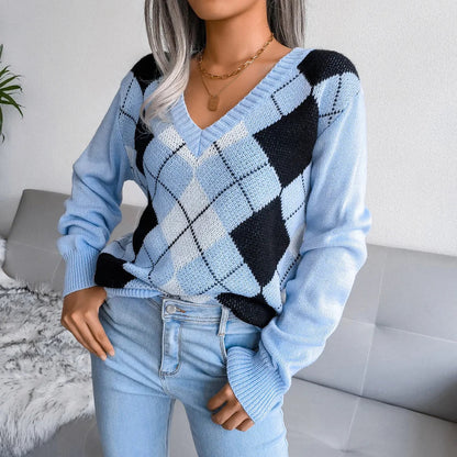 Pull Femme Écossais à Manches Longues Noir et Blanc