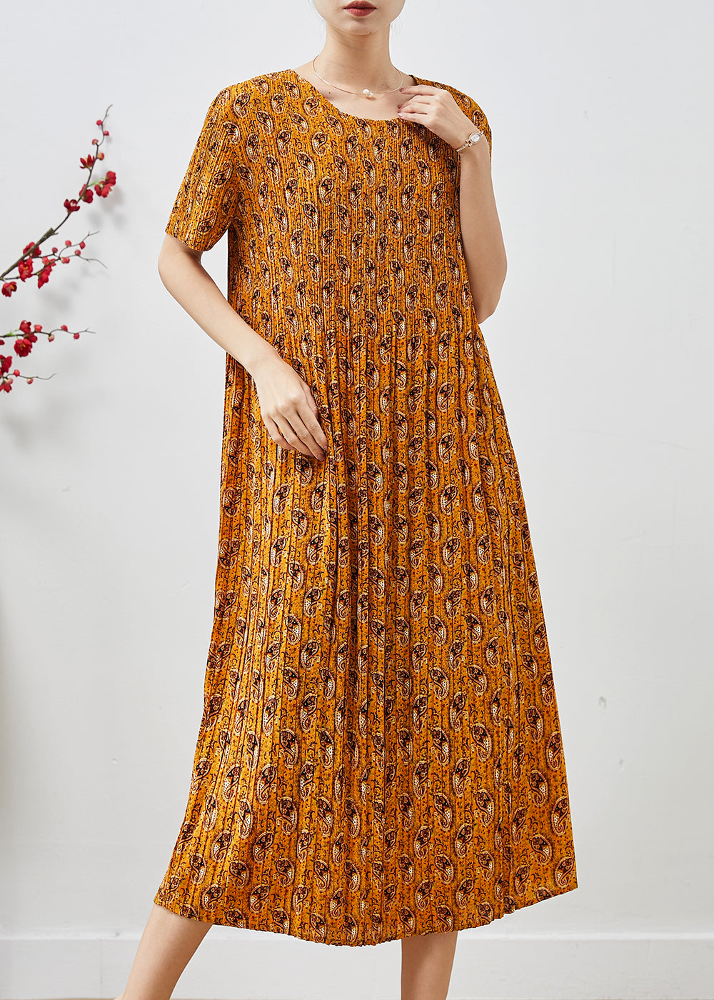 Robe légère en soie jaune imprimée pour femme été - EasyApparels