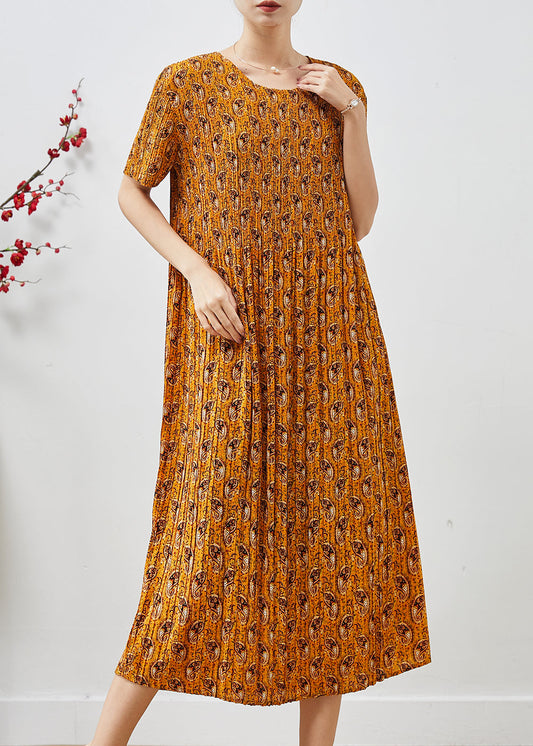 Robe légère en soie jaune imprimée pour femme été - EasyApparels