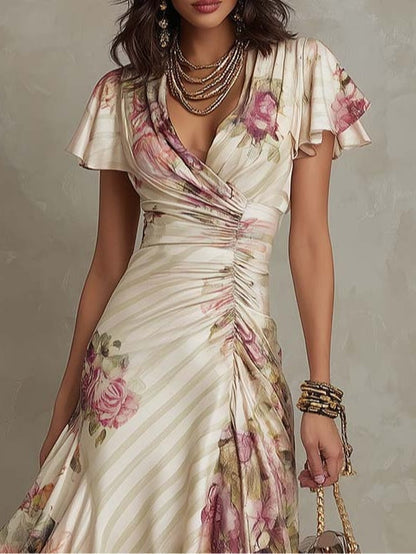 Robe Midi Femme Satin Floral Coupe Cache-cœur Rétro