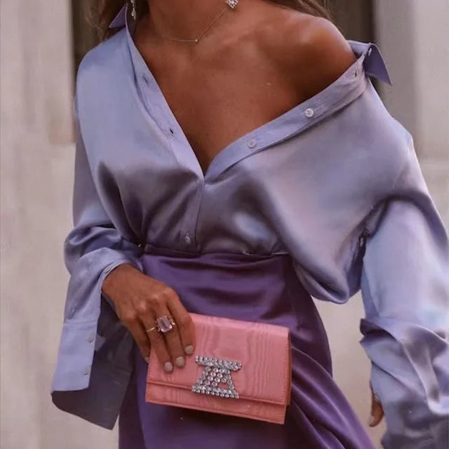 Blouse Femme Col Rond à Manches Longues Décolleté Profond