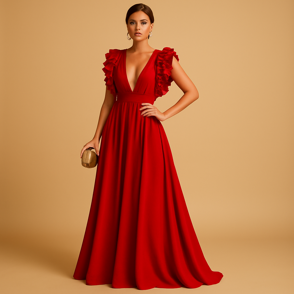Robe Soirée Longue Col en V avec Volants Féminine